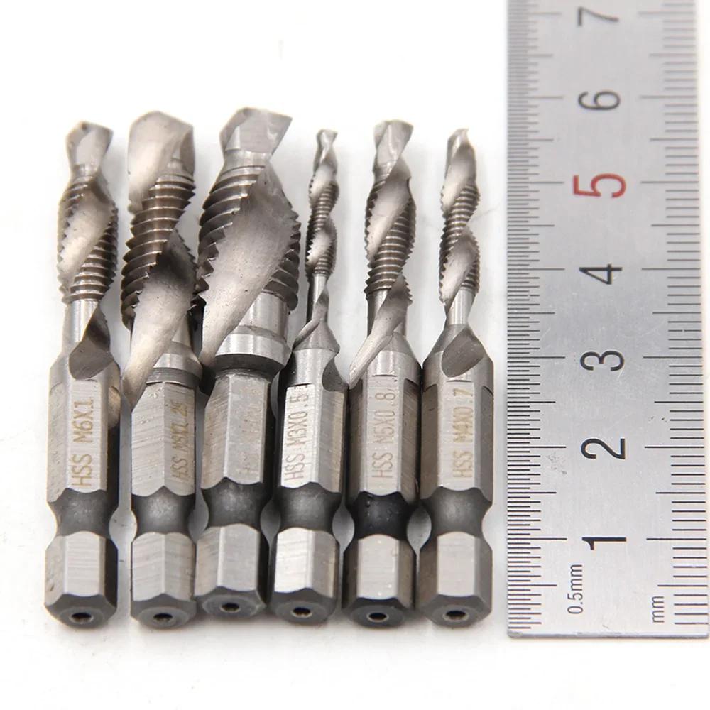 1-6PCS Tap Drill Titanium Plated Hex Shank HSS Screw Thread Metric Tap Bits Screw Machine Compound M3 M4 M5 M6 M8 M10 Hand Tools