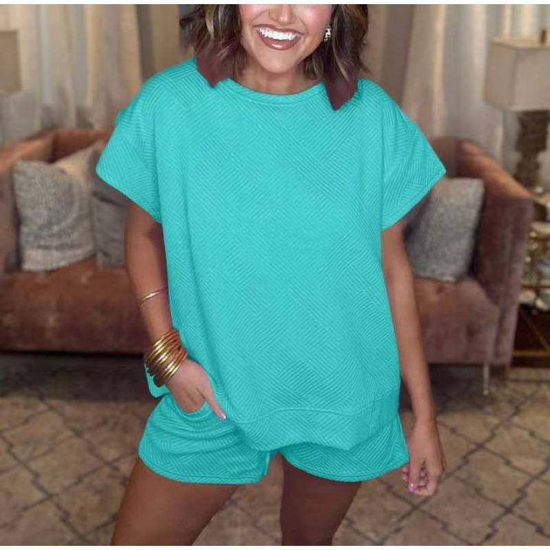 YYFS Moda dame ocazional vară primăvară culoare uni imprimeu mâneci scurte cu gâtul O pantaloni pantaloni costume