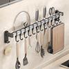 Black Traceless Adhesive Kitchen Storage Rack: Punch-Free Wall-Mounted Pot Lid, Knife Holder, Multi-Functional Hooks