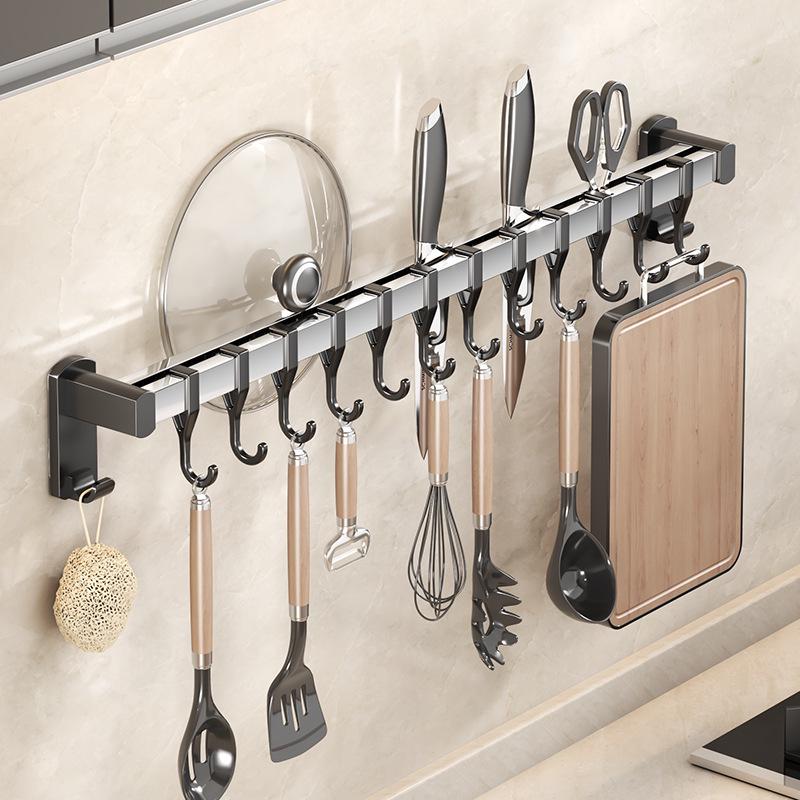 Black Traceless Adhesive Kitchen Storage Rack: Punch-Free Wall-Mounted Pot Lid, Knife Holder, Multi-Functional Hooks