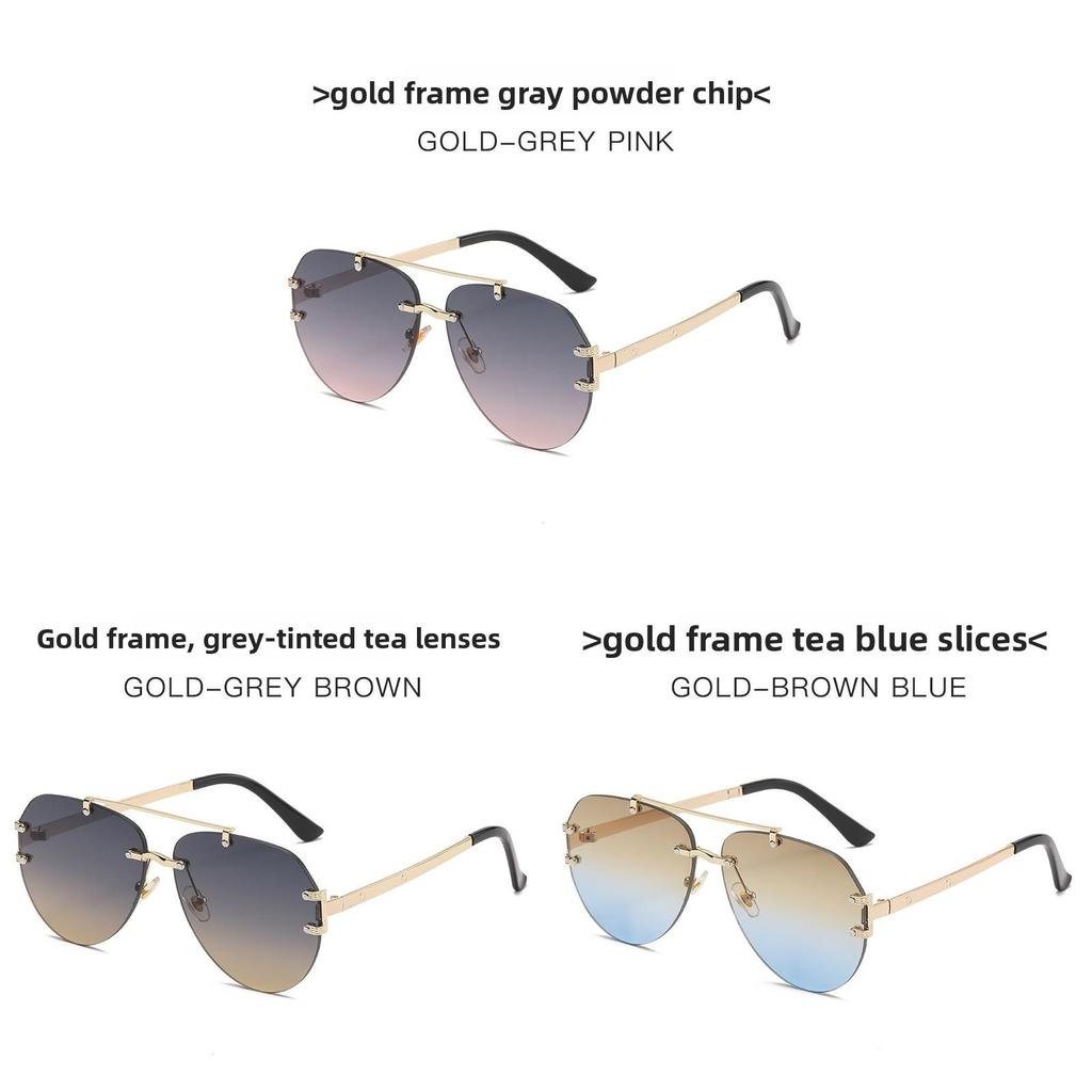 Fall European Fashion Double Bridge Metal Rimless Tortoise Sunglasses For Travel And Outdoor