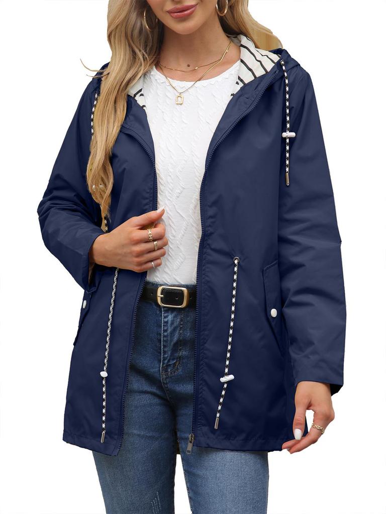 2025 Damen Wasserabweisender Trenchcoat mit Kapuze und gestreiftem Futter - Langärmlig, Mittellang, Übergröße.