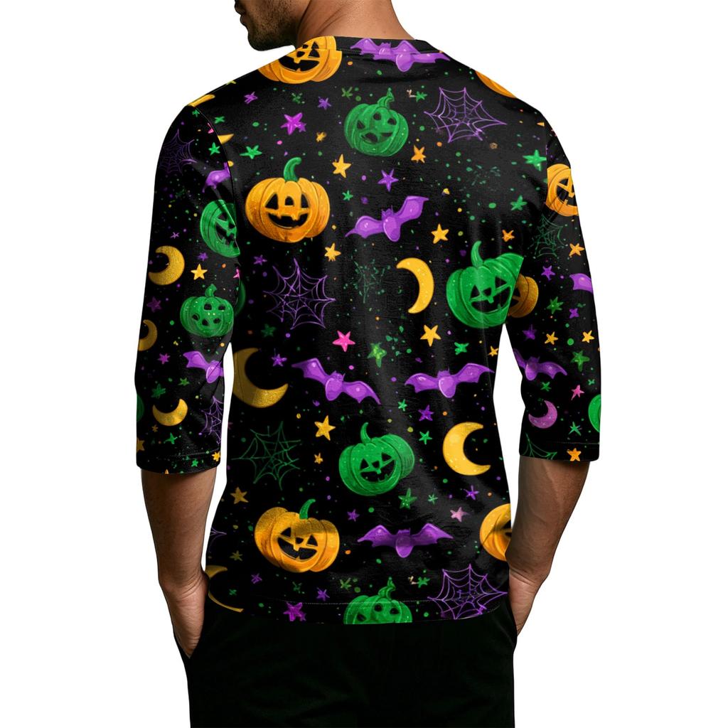 Men's Casual Halloween Printed Crew Neck T Shirt Three Quarter Sleeve Top Suitable for Seasonal Wear and Everyday Use