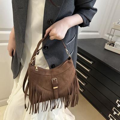 Solid Color Tassel Shoulder Bag Buckle Underarm Packs Sweet Suede Handbag  Travel