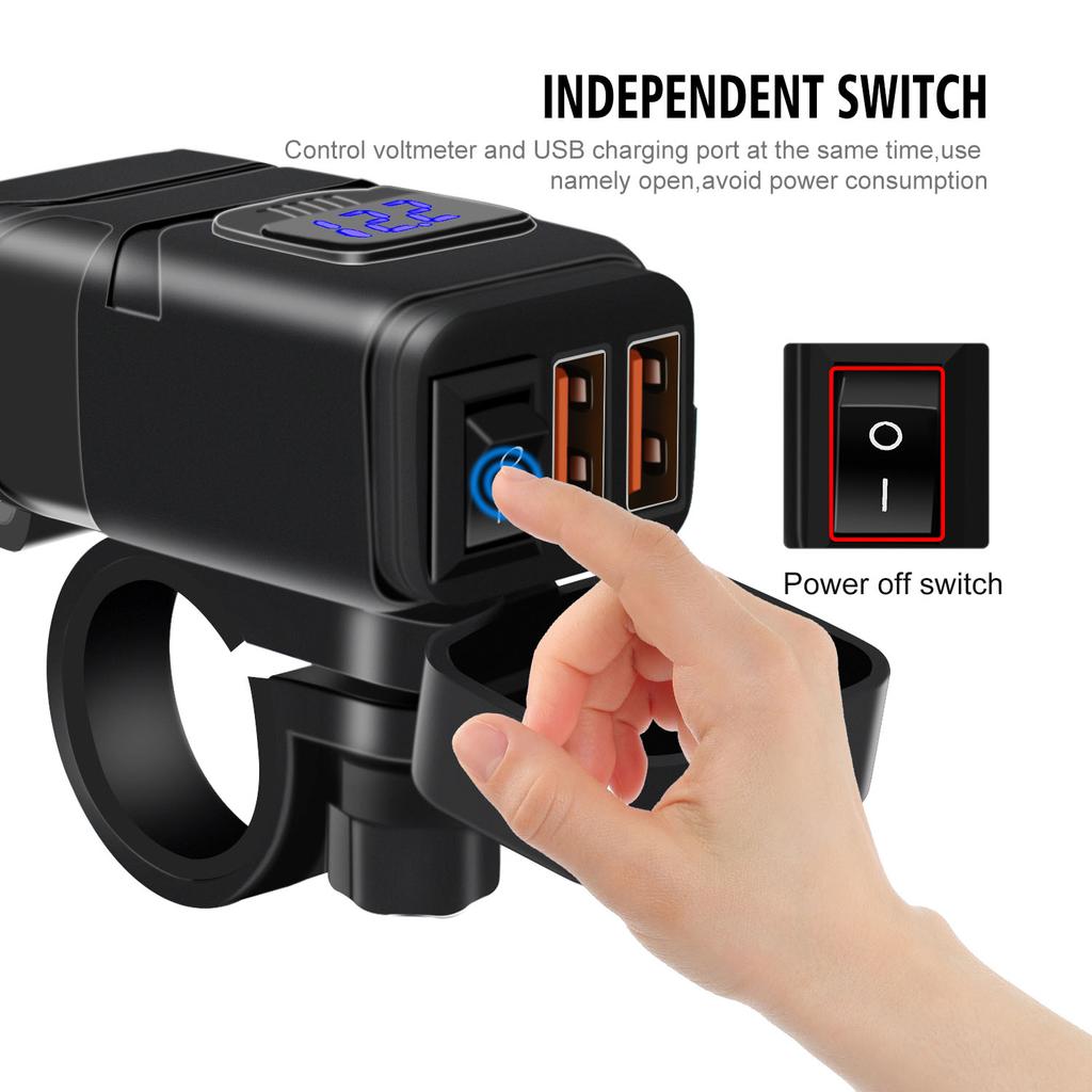 Motorcykel USB Telefonladdare, Vattentät Dubbelport QC3.0 USB Snabbladdare med 12V Voltmeter och På/Av Strömbrytare & 10A Säkring, SAE Till USB Adapter