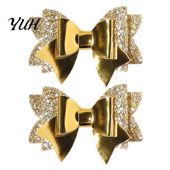 Fashion Hair Accessories Double Layered Glitter Bow Clip for Girls, Artificial Leather Barrettes, Party Non Slip Children Daily Wear & Kids
