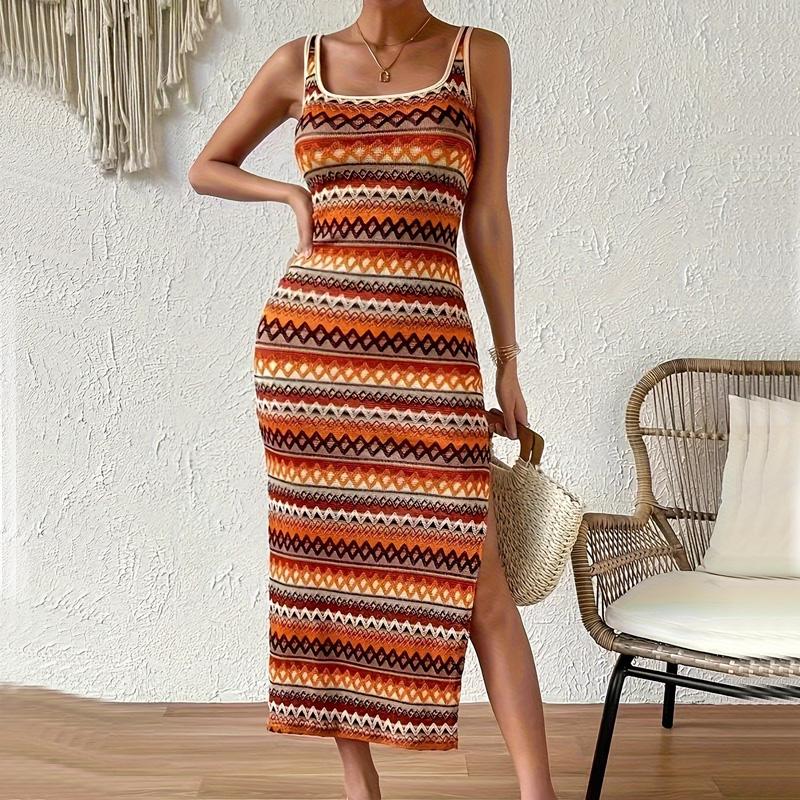 

Summer Square Collar Stripe Side Slit Long Dress Women Bohemia Bodycon Dress Sexy Package Hips Sleeveless Tank Dresses Clothing S