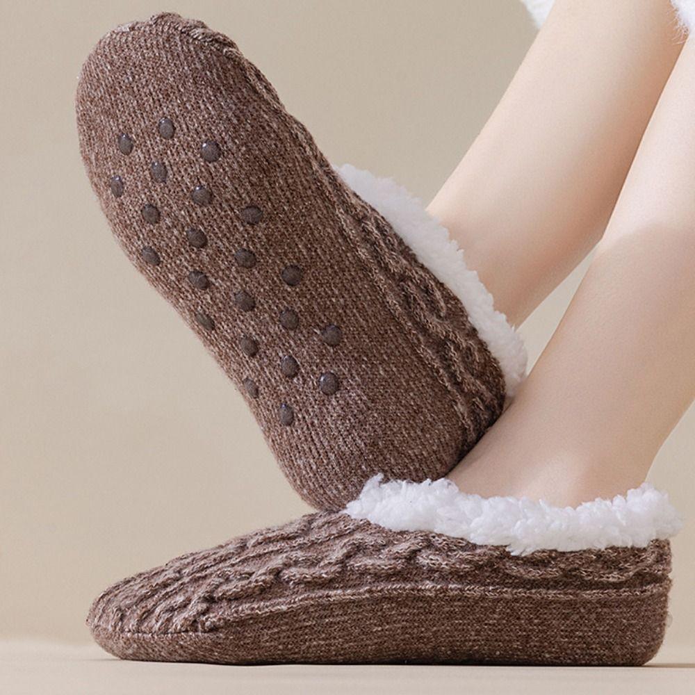 Knitted Twist Winter Floor Socks Coral Fleece Sleeping Socks Simple Thicken Plush Socks  Girls