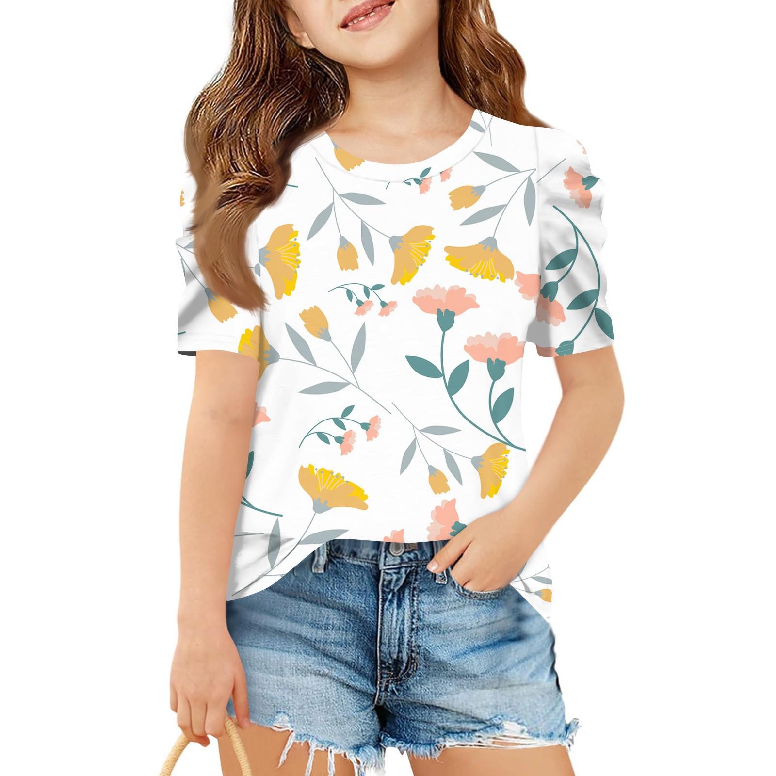 

Summer Girls Short-Sleeved Top, Children s Round-Neck Floral Casual T-Shirt 150 жовтий