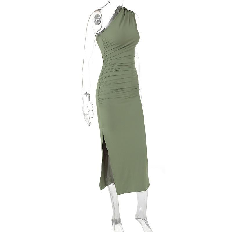 Women European Style One Shoulder Solid Color Slit Sleeveless High Waist Slim Sexy Long Dress