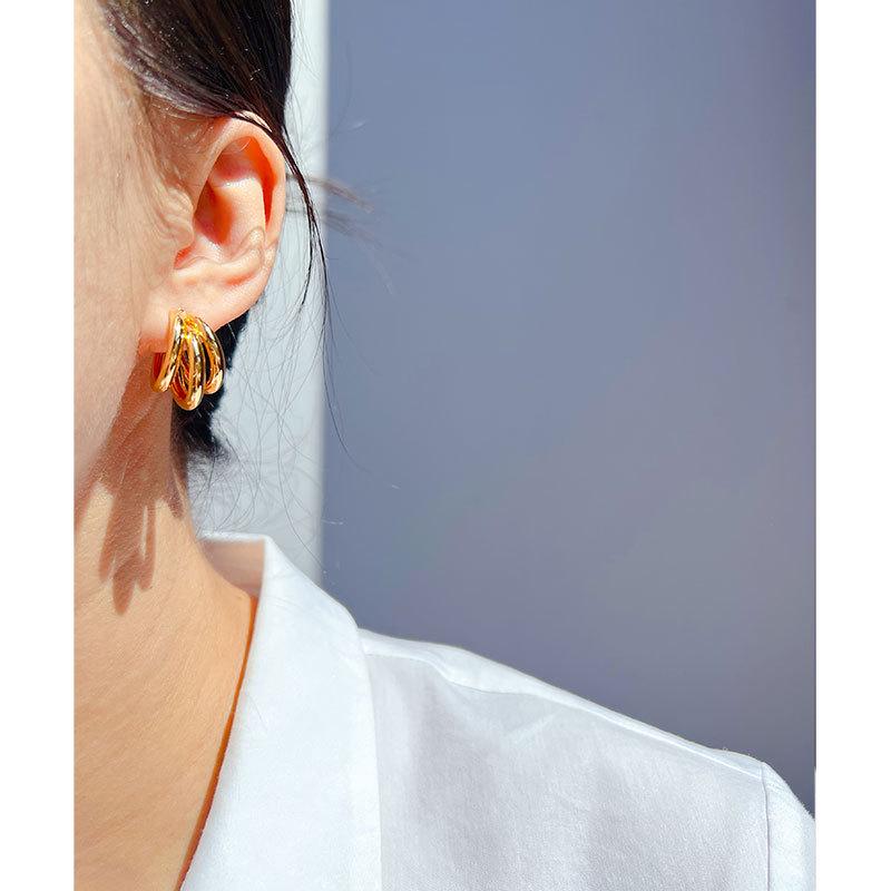 Real Gold-Plated Copper Crazy Sister Classic Three-Tube Earrings: Women's C-Shaped Hoop Silver Needle 300