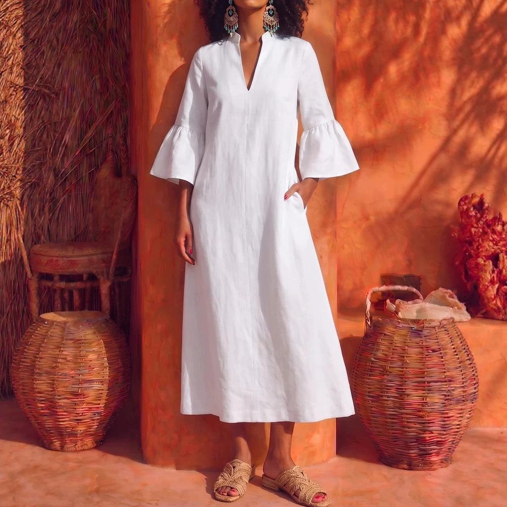 2026 summer European and American large-size women's clothing V-neck lotus leaf sleeve cotton and linen solid color long dress