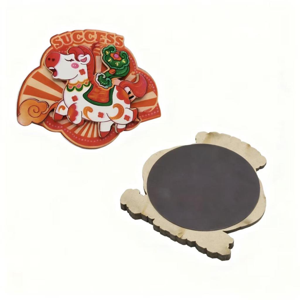 2026 Jahr des Pferdes Holz Cartoon Kühlschrankmagnet - Frühlingsfest Atmosphäre