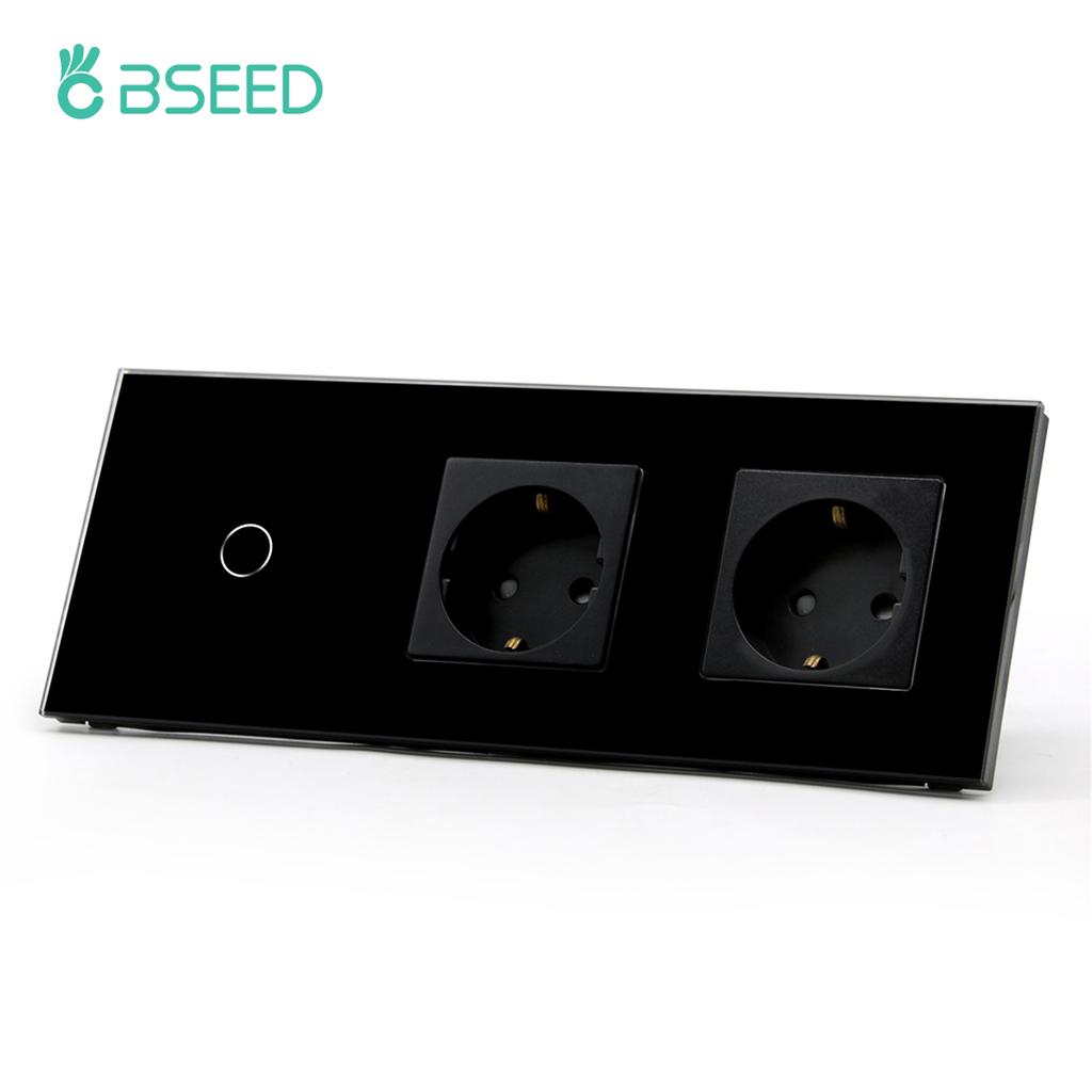 BSEED Touch Sensor Switch 1/2/3Gang 1Way Wall Light Switches Crystal Glass Switch With Double Power Sockets EU Standard