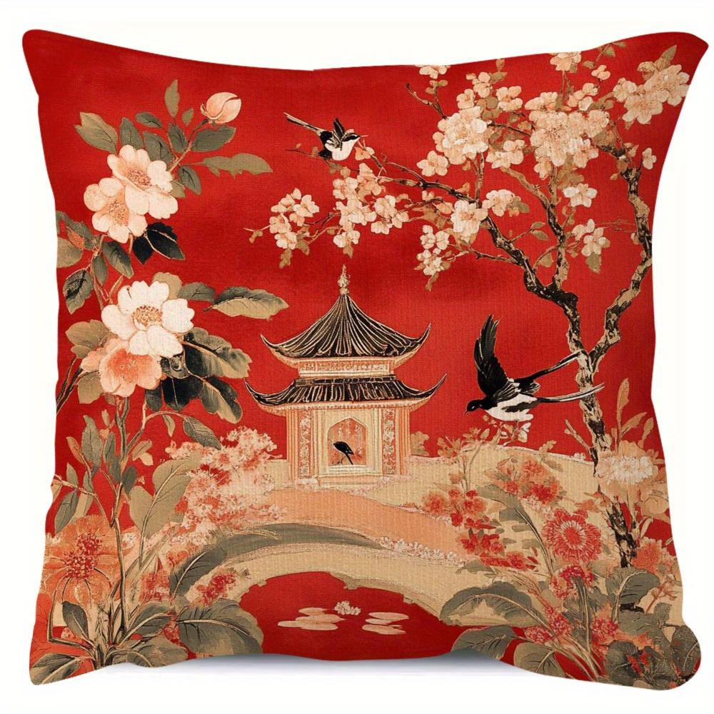 1 ks Povlak na polštář Chinoiserie Červená straka, Polyester 2D Oboustranný potisk, Tradiční čínská zahrada a květinové umění, Orientální domov