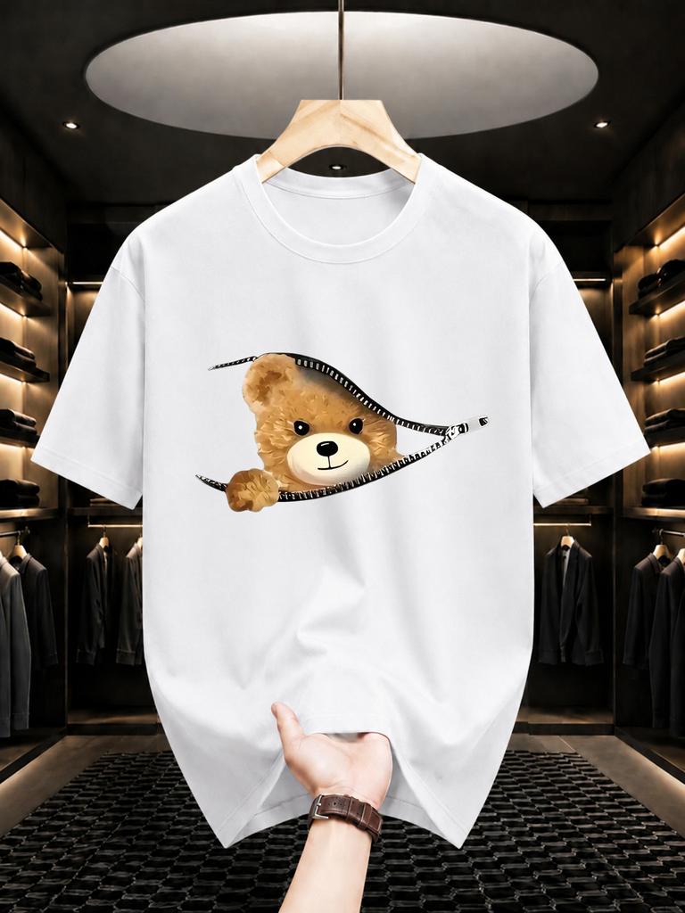 2026 New Cotton Tshirt Little Bear Peeking Out Of The Zipper Cute Print Round Neck Short Sleeve Casual Top