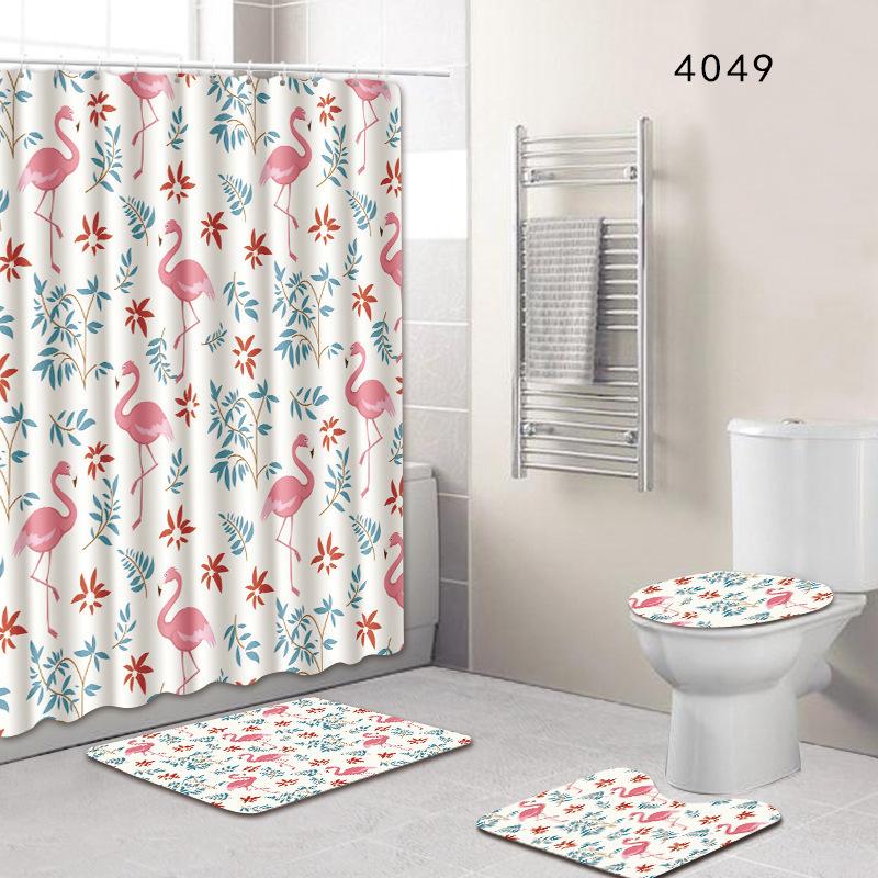 Flamingo Bathroom Shower Curtain Floor Mat Toilet Cover Foot Mat Four-Piece Pattern Size