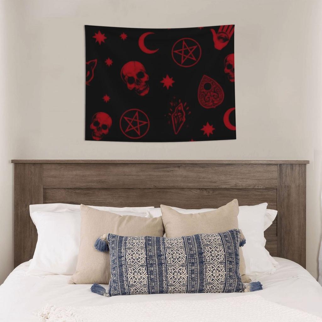 Happy Halloween Bats Skull Tapestry Wall Hanging Hippie Polyester Tapestry Boho Throw Rug Blanket Wall Decor 95x73cm