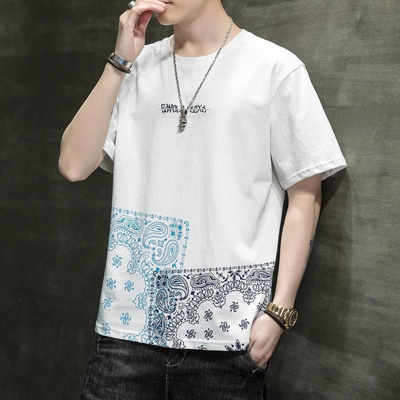 

Мужская белая футболка с принтом пейсли, повседневный топ с коротким рукавом и узором банданы с мелким текстовым узором M белый