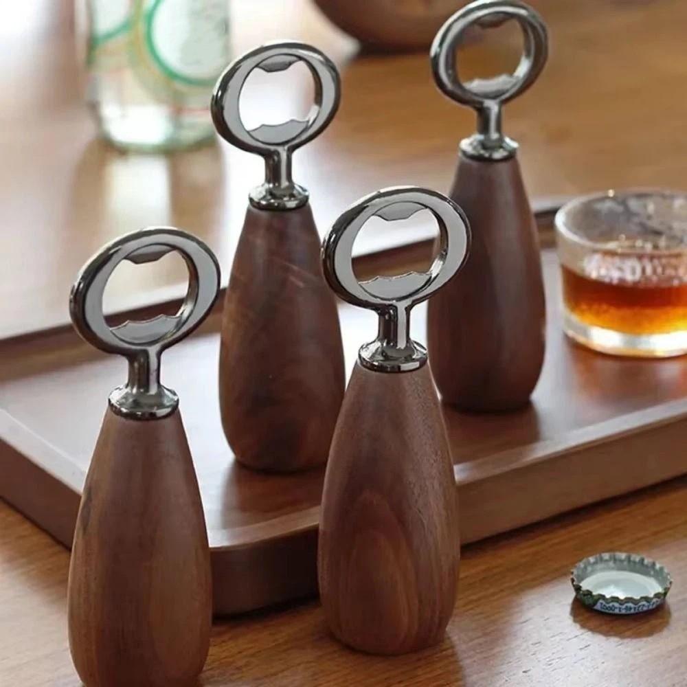 Creative Beer Bottle Opener Stainless Steel Wooden Handle Beer Can Opener Solid Wood Durable Wooden Bottle Opener Bar Tools