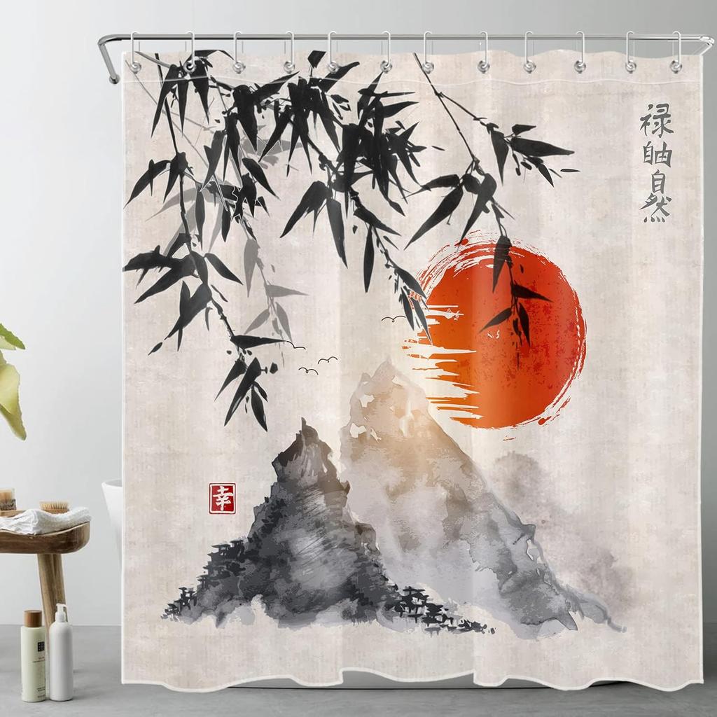 Japanese Shower Curtain Black Bamboo Bath Curtain Red Sun and Mountains Asian Ink Painting Anime Bathroom Curtain Set with