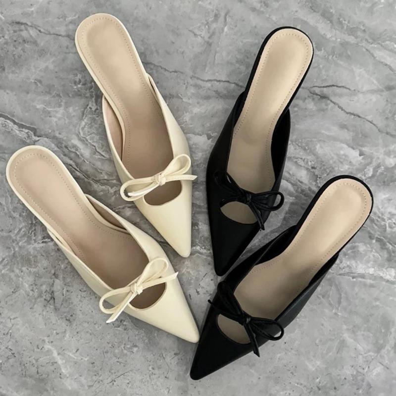 Sandali e Pantofole da Donna con Tacco Alto, Punta Affusolata, Tacchi Sottili, Bocca Bassa, Baotou Francese, Fiocco