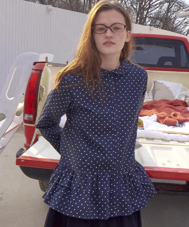 RONRON Polka Peplum Blouse Dot Navy