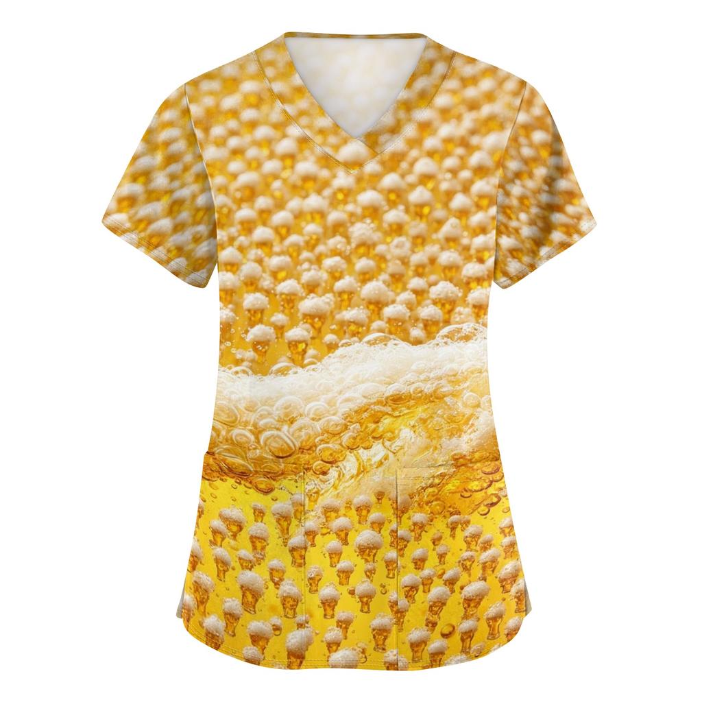 Womens V Neck Short Sleeve Work Shirt With Pockets Oktoberfest Beer Print Top Medical Scrub Style Uniform