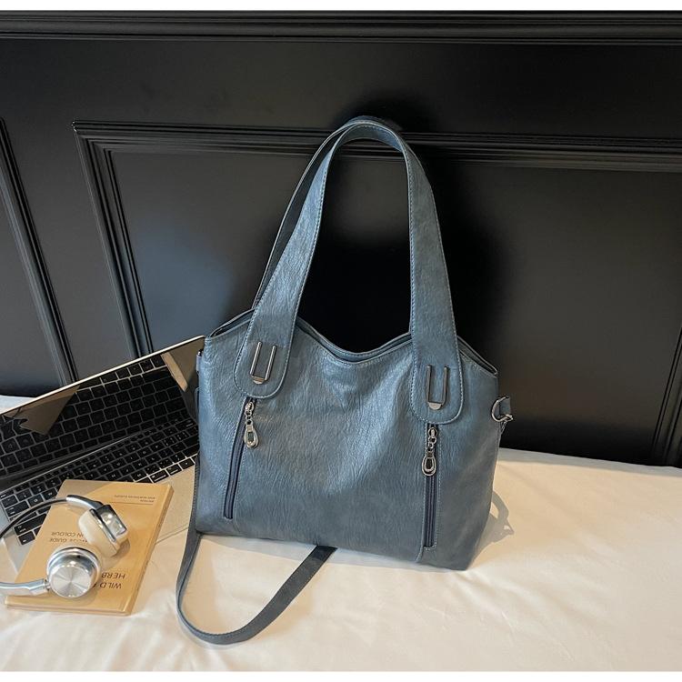 

PU women s bag new fashion retro tote bag casual shoulder crossbody bag large capacity solid color commuter bag синій