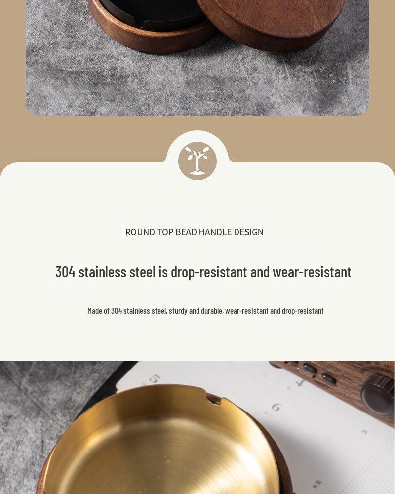 Gold-Stainless Steel Ashtray with Lid, Solid Wood Base – Anti-Ash Design for Home and Office, Ideal Gift.