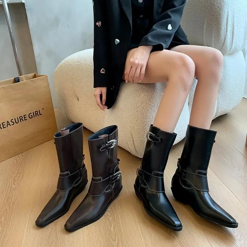 2025 Hot Sale Women's Shoes Mid-Calf Women's Boots Elegant Modern Boots Women Buckle Pointed Toe Slip on Low Heel Shoes Women