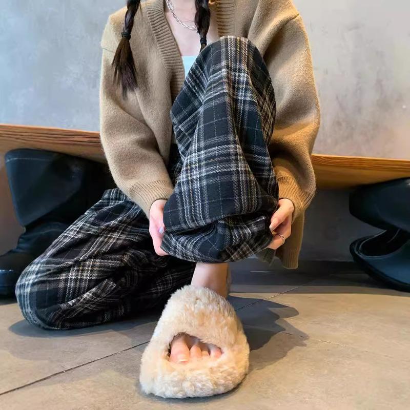 Coffee plaid woolen wide-leg pants women's new autumn clothing lazy and relaxed high waist thin straight-leg pants