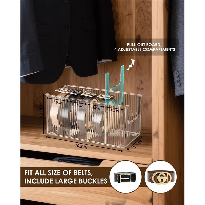 Clear Belt Holder Display-1-Pack For Closet& Drawer Acrylic Belt Organizer 8 Detachable Compartments Fits Most Sizes