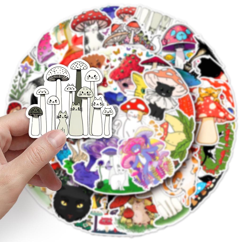 50 Cute Cartoon Cat & Mushroom Waterproof Stickers for Laptops, Thermos Cups, and Notebooks