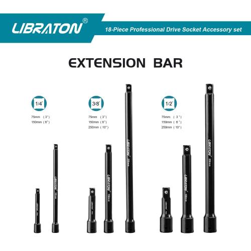 Libraton 18-Piece Extension Bar Set, 6.35mm, 9.5mm, 12.7mm Drive, Socket Adapter, Universal Joint, 50-250mm Overall Length, Chrome Vanadium Steel, Wit