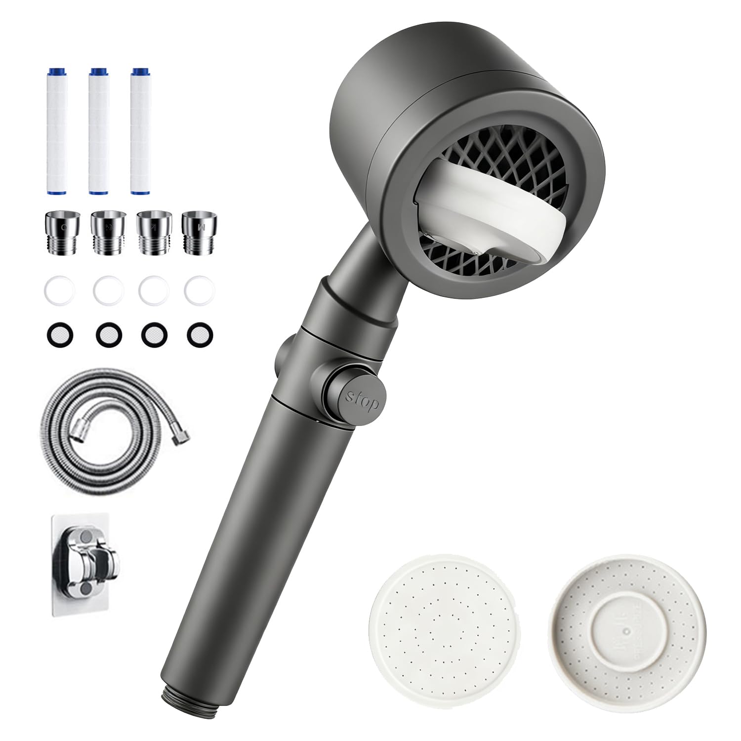 

Две сменные панели для душа для 3D-душевой лейки с ручным стопором воды от хлорированной воды, 4-порная система ухода за кожей, бережная к коже головы, и распыление, предотвращающее утечку чёрный