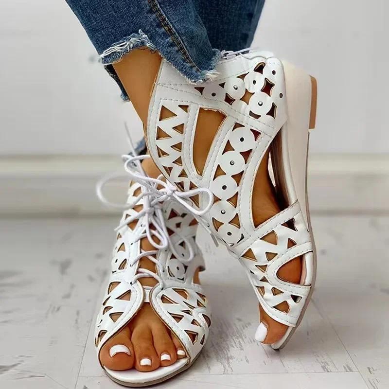 

fashion Lace Up Low Heel Ladies Sandal Large Size 42 Casual Hollow Out Sandalias Wedge Sandals Women 2024 Summer Shoes Fashion