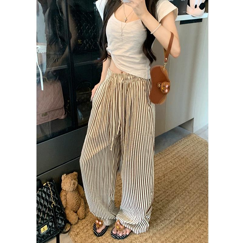 Women's High-Waisted Wide-Leg Black & White Striped Pants - Summer Petite, Slimming, Thin, and Loose Fit, 145cm