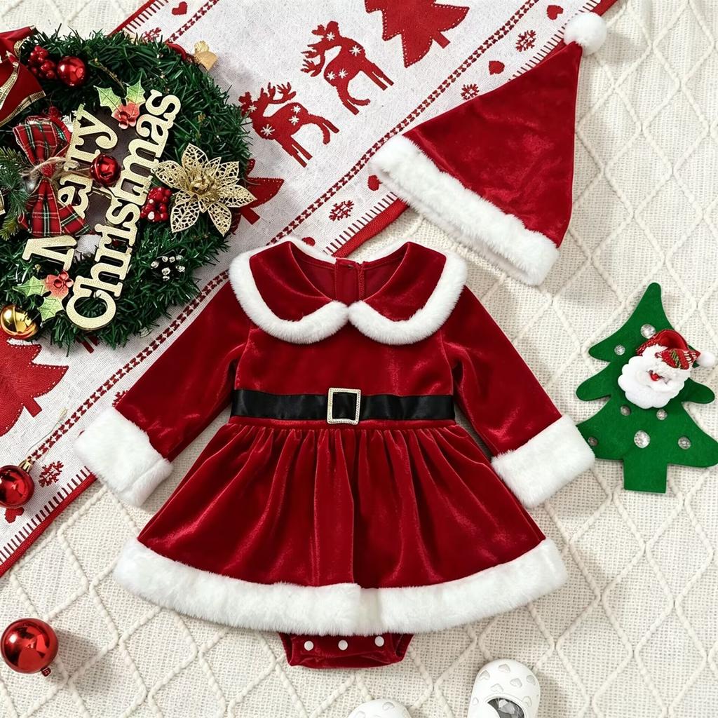 Baby Girls Velvet Christmas Bodysuit Dress for Infant Toddler Holiday Party Outfit