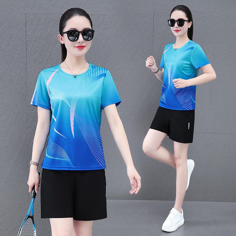 Traje Deportivo de Seda de Hielo de Secado Rápido para Mujer para Verano - Top de Manga Corta y Pantalones Cortos para Tenis de Mesa, Running, Entrenamiento de Bádminton y Fitness.