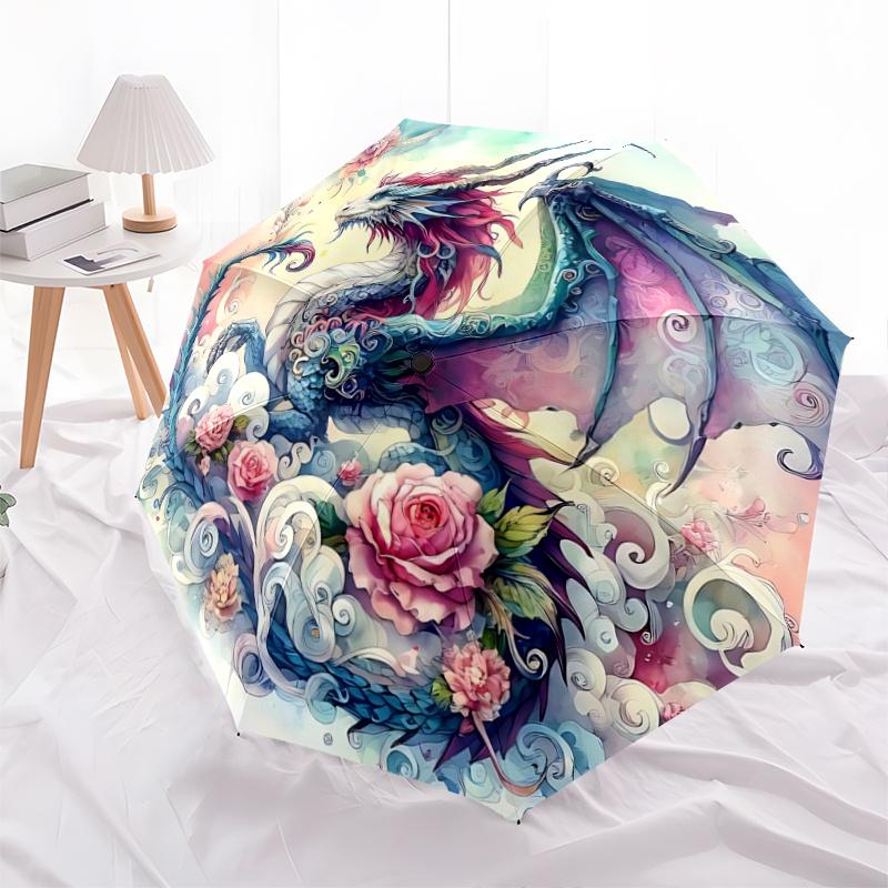1pc Fantasy Dragon Floral Folding Umbrella: Auto-Open Close, Portable 3-Fold Design, 8-Bone Iron Frame, Outdoor, Perfect Festival Gift for Fans,