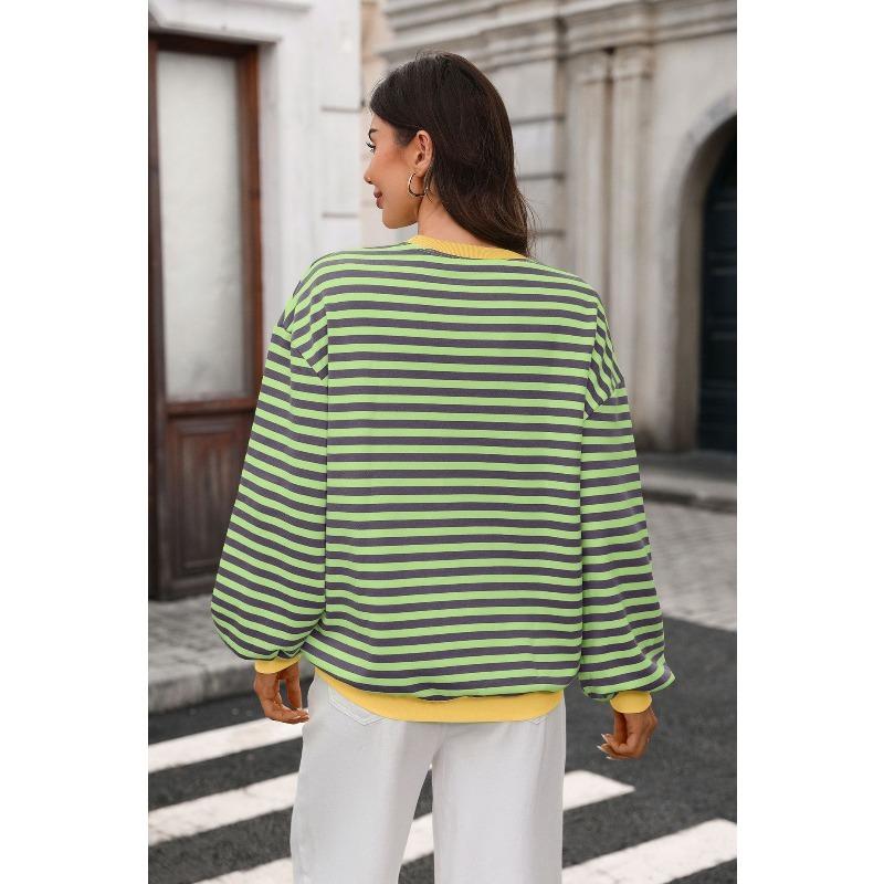 VEZFAA Women's Fashion Casual Spring Autumn Stripe Print Long Sleeve O-Neck Blouses & Shirts