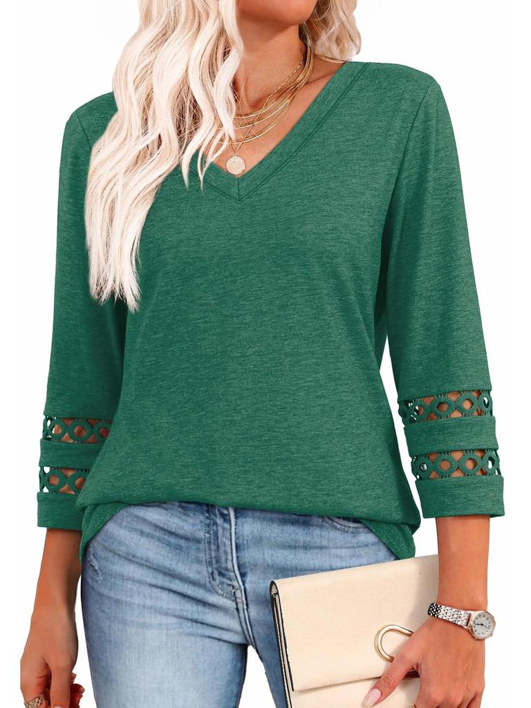 2026 Women's Fashion Solid Color V-Neck Loose Three-Quarter Sleeve Round Neck Hollow-Out Casual Top