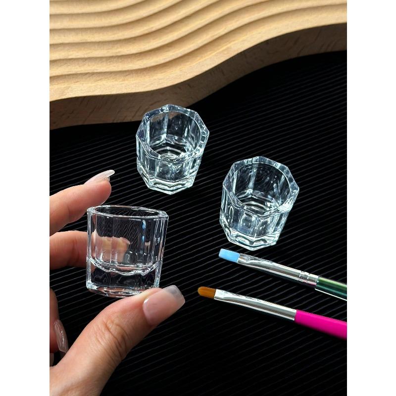 1pcs Octagonal Glass Cup With Thick Bottom Transparent Nail Art Brush Cleaning Cup Nail Art Tools For Holding Crystal Liquid And Brush Cleaning Cup