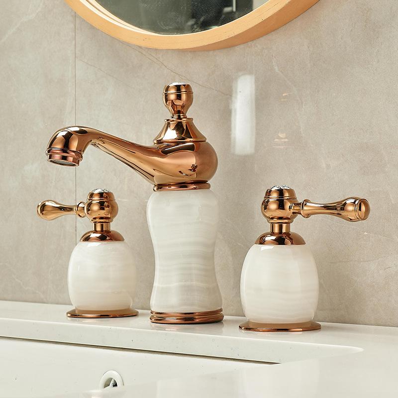Basin Faucet Gold Brass Jade Bathroom Sink Faucet 3 Hole Widespread Basin Mixer Double Handle Hot And Cold Water Tap New Arrival