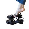 Easy to wear version~ Black thick heel hollow breathable Roman shoes for women with square head camellia retro soft leather sandals