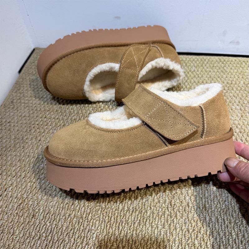 Mary Jane Snow Boots Women's Winter New Flat-soled Cotton Shoes Thin-soled Warm Comfortable Leather Fluffy Shoes Trend