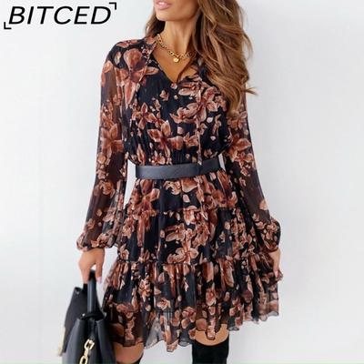 Women Summer Chiffon Floral Print V Neck Long Sleeve Slim Fit Flouncing Dress