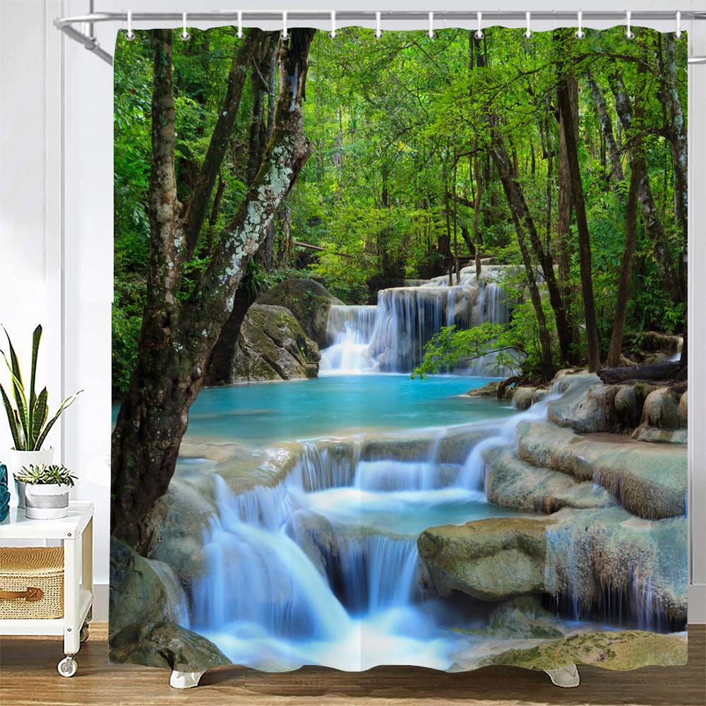 3D Printing Green Forest Waterfall Shower Curtains Waterproof Bathroom Curtain With Hooks Bath Curtain 180*200 Polyester Fabric
