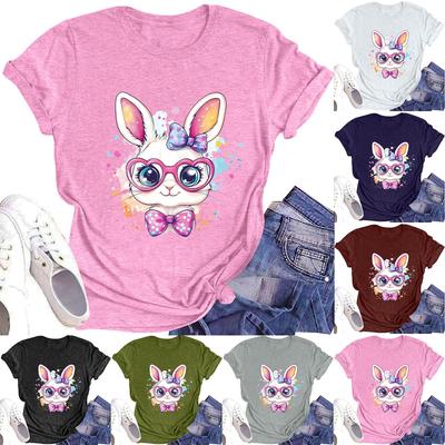 Women's Fashion Round Neck Short Sleeve T-Shirt Easter Printed Casual Top
